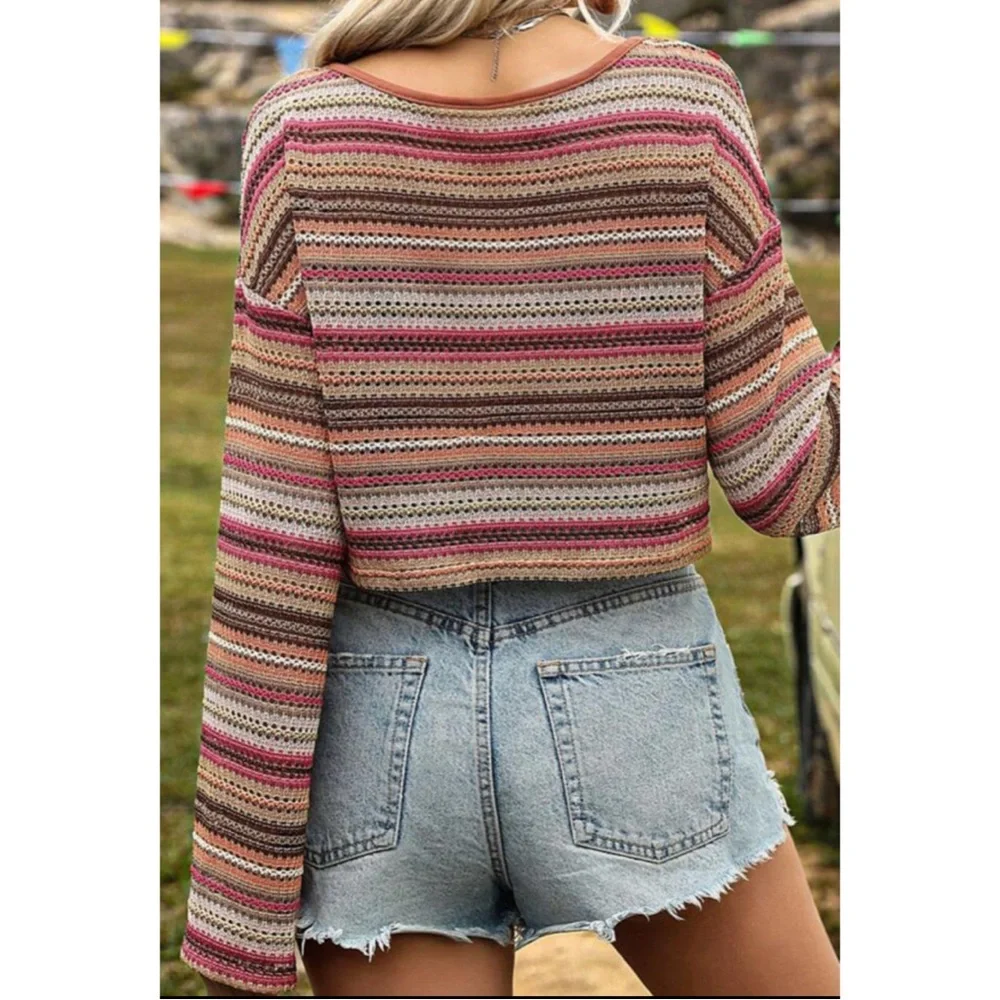 Boho Rose Red Striped Cropped Long Sleeve Top - Picture 3 of 6